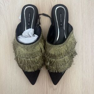 Zara Women's Black and Gold Fringe Mules
